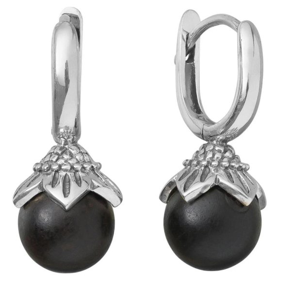 Silver flower earrings made of ebony wood